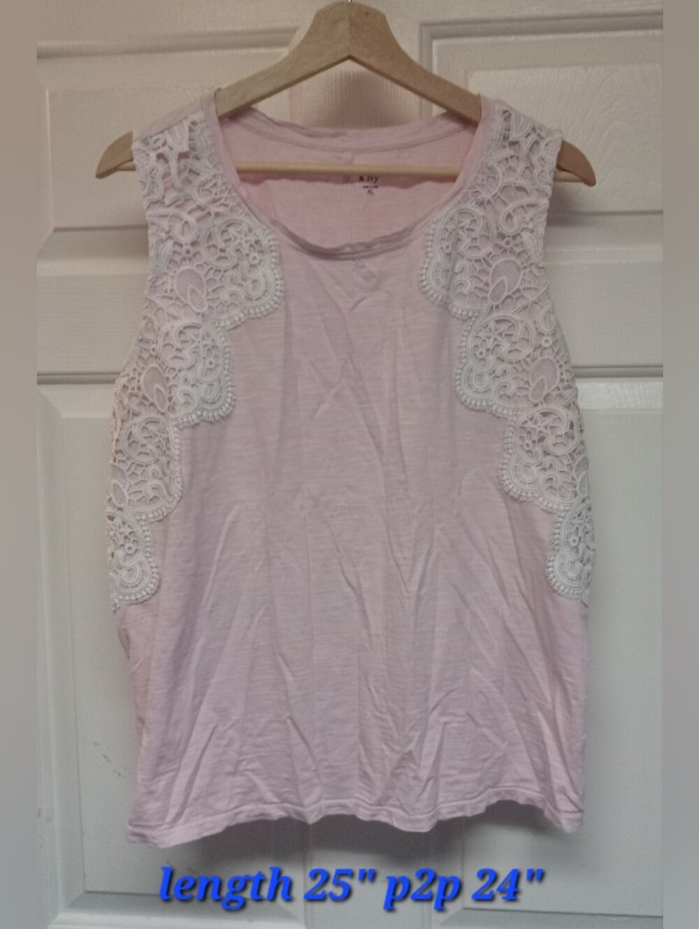 crown & ivy Light Pink Tank with White Crochet Lace Panels